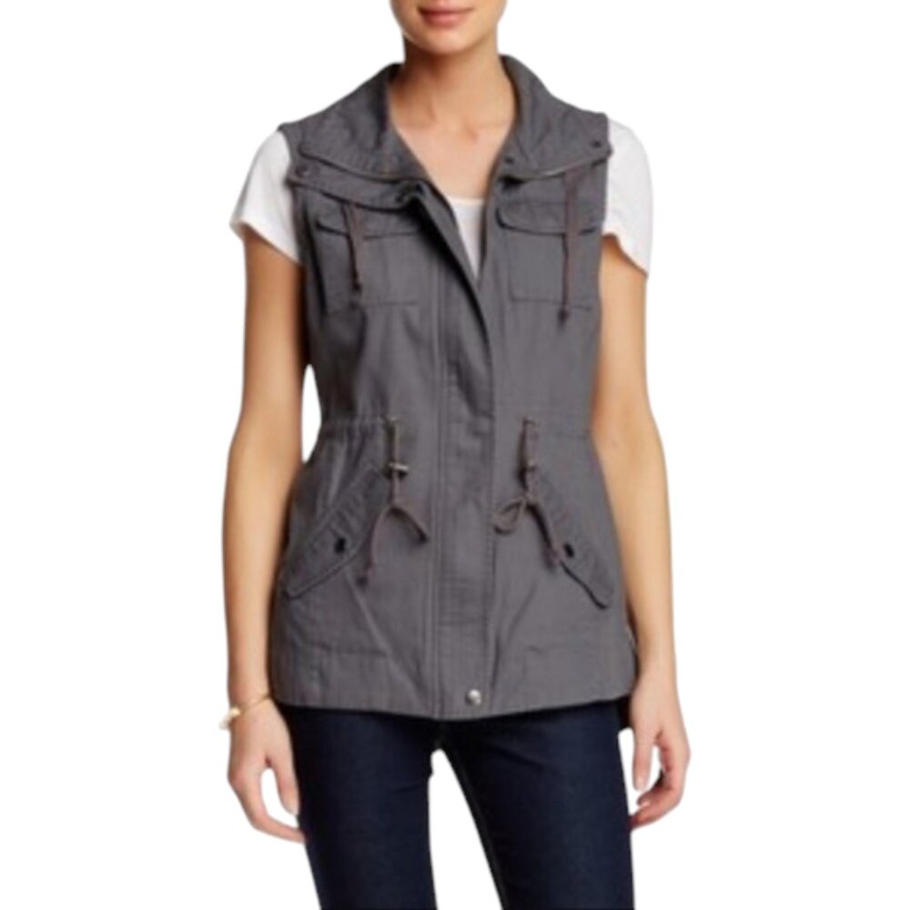 Sebby Women's Vest Jacket Utility Military Cargo Charcoal Gray Cotton Size L